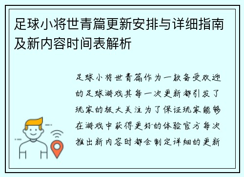 足球小将世青篇更新安排与详细指南及新内容时间表解析